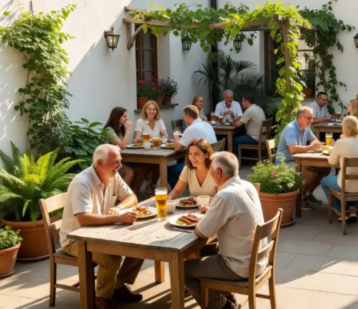 Sluncem zalitý bistro dvorek s dřevěnými stoly a zelení