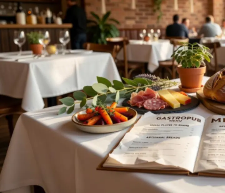 Slunný bistro stůl v Cesnora se sdílenými talíři a řemeslným pečivem