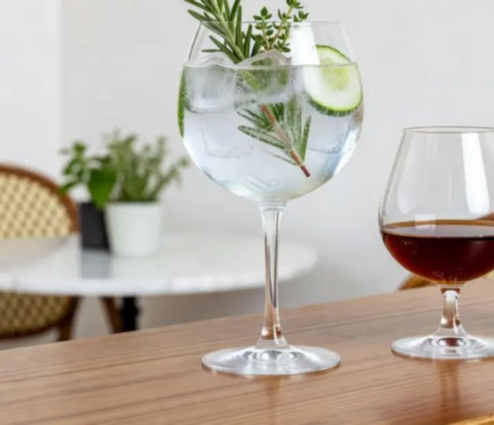 Výběr řemeslných koktejlů s bylinkami a citrusy na bílém bistro stole