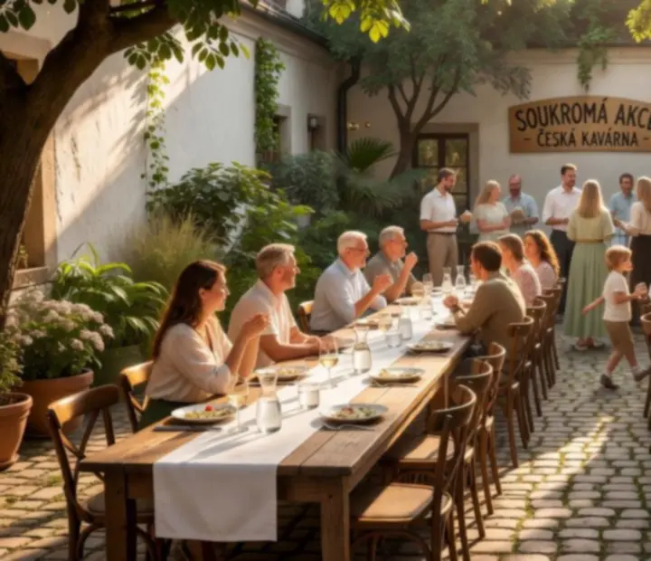Slunný dvorní bistro dvůr Cesnora připravený na soukromou událost