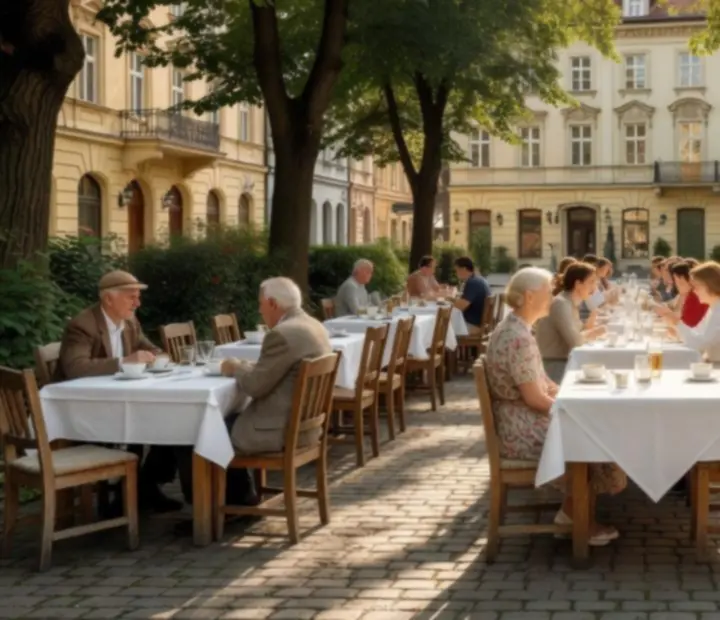 Otevřená terasa Cesnora s dřevěnými stoly a slunečným dvorem