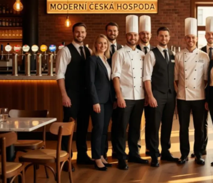 Tým kuchařů, barmanů a hostesek v Cesnora na společné fotografii